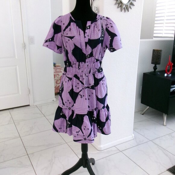 Like New Anthropologie Somerset Tiered V-Neck Short Dress Navy Blue Purple M - Picture 1 of 15